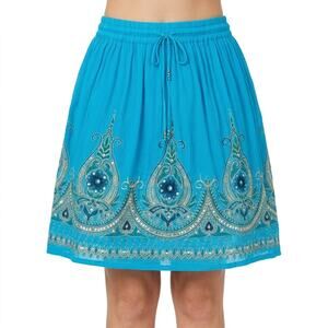 Blue Yellow Boho Bohemian Embroidered Tie Elastic Waist Knee Length Skirt size M
